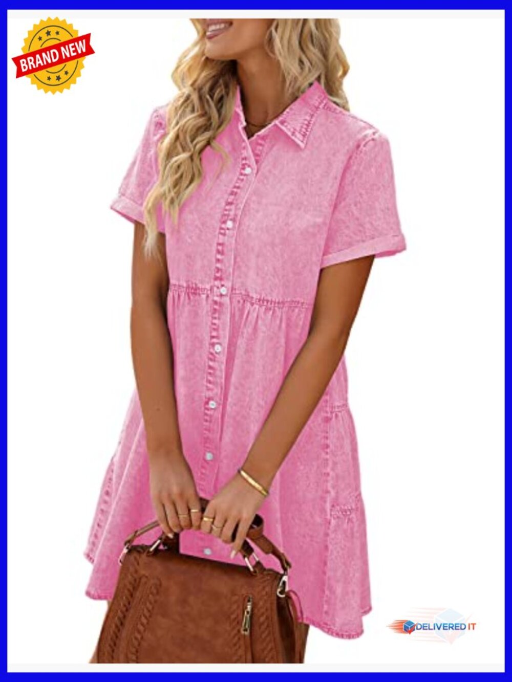 Short Sleeve Button Down Flowy Tiered Babydoll Denim Dress - Picture 2 of 7